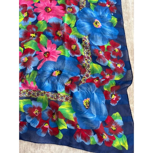 Vintage Blue Red Floral Square Women's Fashion Scarf - Picture 4 of 8